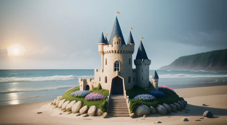 Close-up photo of rabbit stacking castle on the beach，clean backdrop，depth of fields，largeaperture，photography of，volume fog，Halo，blooms，Dramatic atmosphere，fresh flowers，rainbowing，and the sun was shining brightly