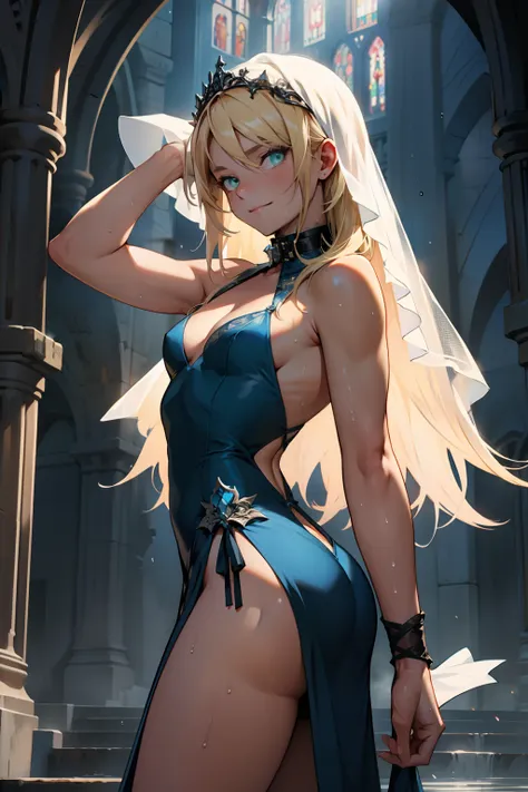 girl with,Dark Church,Yatter Pose,Your butt is facing you,Raising one leg,raising one arm,Feminine body,,Blue sexy prom dresses,wearing a thin veil on the head,,,,Wearing a collar,a blond,The long-haired,Do not tie hair,Green eyes,breasts are small,flat ch...