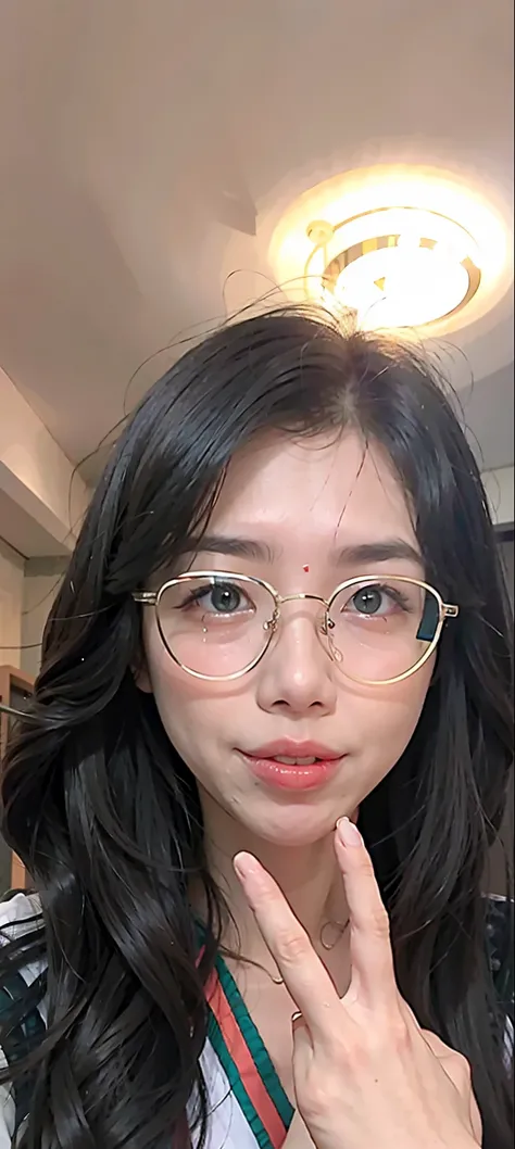 there is a woman with glasses making a peace sign with her hand, With glasses, jaeyeon nam, eye glass, wearing small round glasses, , 8k selfie photograph, wears glasses,