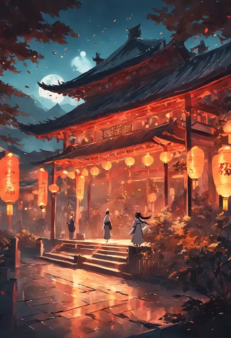 hyper HD, Best quality, A high resolution, High quality, ccurate, 8K，outside，nighttime scene，Leaves as a foreground，（blurryforeground：1.5），Chinese style buildings，the roof，themoon，light and shadow effect，Beautiful light and shadow，Warm tones，（Autumn nights...