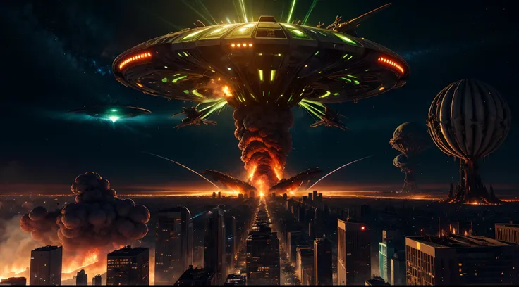 a dynamic digital illustration depicting a relentless alien invasion, where advanced spaceships swarm the skies with sinister intent. The cityscape below is ablaze with chaos as towering buildings crumble and panic sets in among the fleeing citizens. In th...