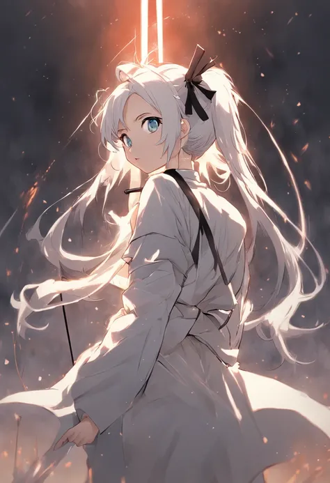 A mature woman in white leather，Has beautiful white hair，pony tails，Headband，Blank eyes，Horse Ears，Hand pulling black bow and arrow，She was a knight