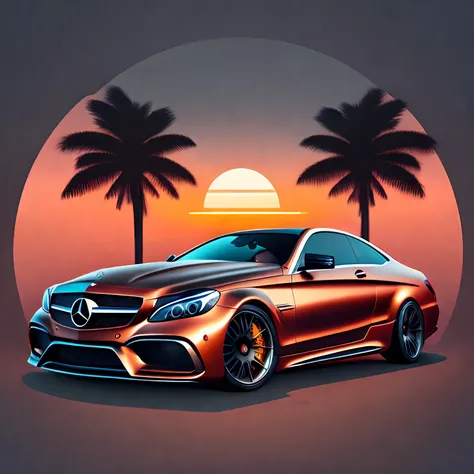 T-shirt graphic design art, a retro graphic design, Mercedes Benz C63, Rua Miami, cor suave de quatro cores, tom pastel vintage, limpeza altamente detalhada, imagem vetorial, Obra-prima realista, fotografia profissional, carro realista, fundo simples do na...