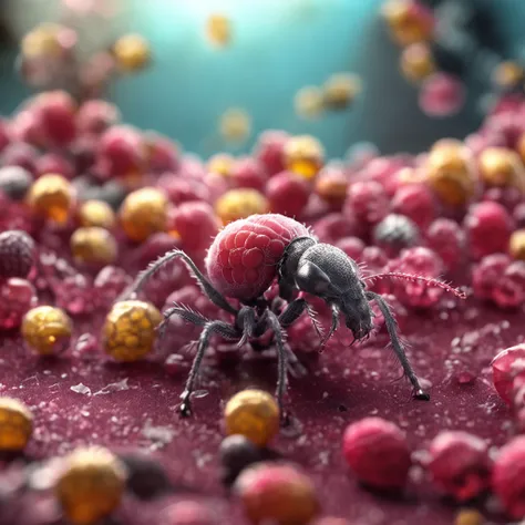 A golden, crystal clear ant lies on a pile of raspberries，Dreamy light，High-angle lens shooting，photorealistic cinematic render, Cinematic 3D rendering, realistic cgi render, Depicted as a 3D rendering