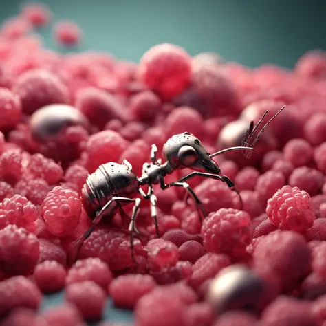 A golden, crystal clear ant lies on a pile of raspberries，Dreamy light，High-angle lens shooting，photorealistic cinematic render, Cinematic 3D rendering, realistic cgi render, Depicted as a 3D rendering