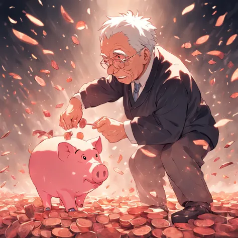 Old man breaking piggy bank