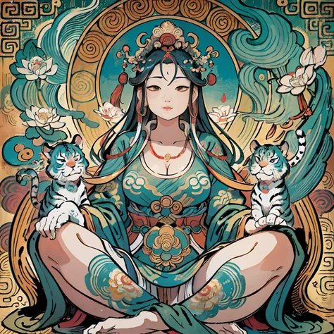 an ancient Chinese goddess, guanyin of the southern seas, Guanyin, Inspired by India, Avalokiteshvara rides a tiger，,Serene expression,shui mo hua,Buddha,Buddhist,Lotus,Chinese painting style,Thangka style