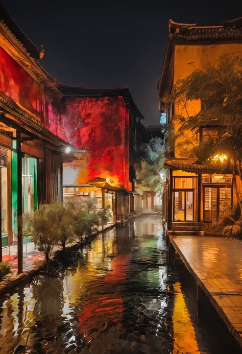 hyper HD, Best quality, A high resolution, High quality, ccurate, 8K，outside，nighttime scene，Leaves as a foreground，（blurryforeground：1.5），Chinese style buildings，the roof，themoon，light and shadow effect，Beautiful light and shadow，Warm tones，（Autumn nights...