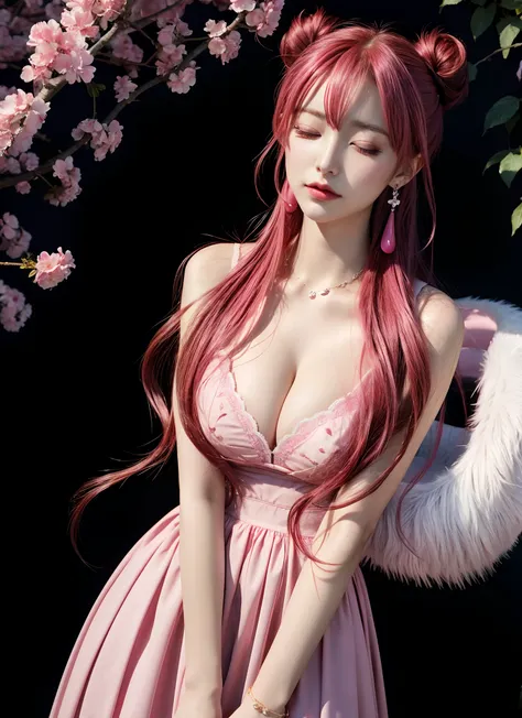 codeGeass euphemia li britannia, 1girl, ^ ^, ^o^, breasts, cleavage, closed eyes, double bun, dress, earrings, facing viewer, hair bun, jewelry, long hair, petals, pink hair, skirt hold, solo