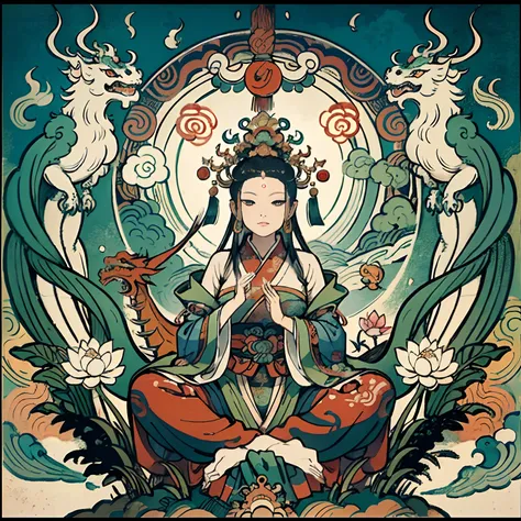 an ancient Chinese goddess, guanyin of the southern seas, Guanyin, Inspired by India, Avalokiteshvara rides a dragon，,Serene expression,shui mo hua,Buddha,Buddhist,Lotus,Chinese painting style,Thangka style