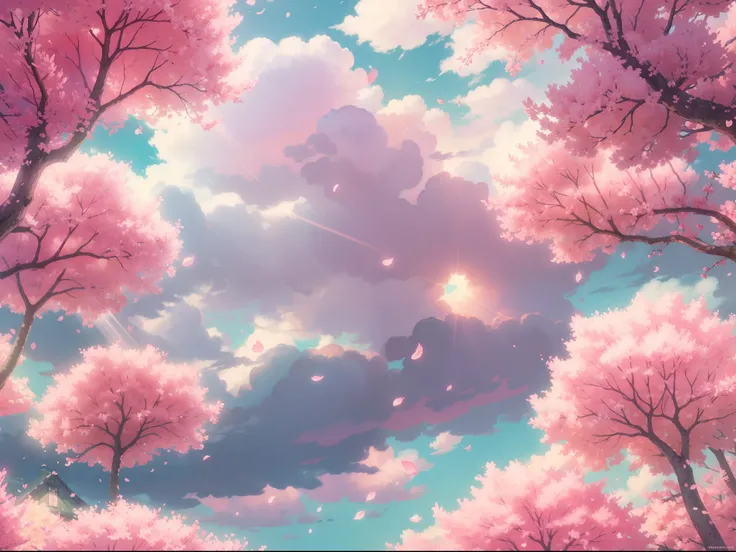 Lots of pink trees, Wide sky, white clouds , flower petals , florals, Aesthetic serene bliss, diffuse glow, god rays, chromatic abberation, Caustics