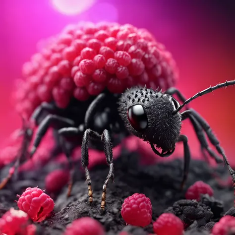 A black ant lies on a pile of raspberries，Dreamy light，High-angle lens shooting，photorealistic cinematic render, Cinematic 3D rendering, realistic cgi render, Depicted as a 3D rendering