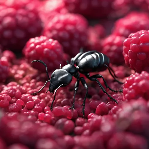 A black ant lies on a pile of raspberries，Dreamy light，High-angle lens shooting，photorealistic cinematic render, Cinematic 3D rendering, realistic cgi render, Depicted as a 3D rendering