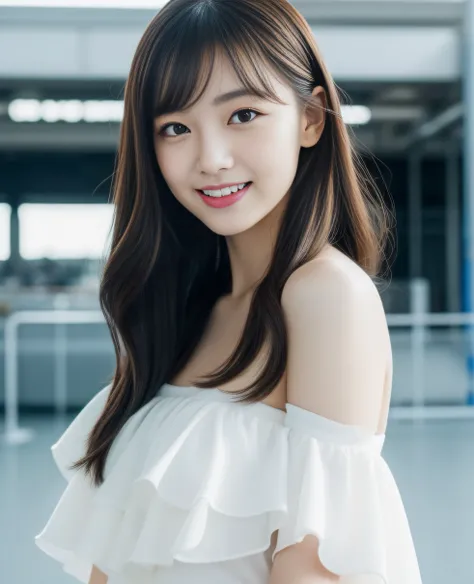 ((best quality, 8K, masterpiece: 1.3)), beautiful girl, pure, melon face, kind and cute, sweet smile, pure desire, slender body, (front), (tilted head), ((looking at camera) ), wearing a white dress, long black silky hair, long flowing shoulders, round bla...