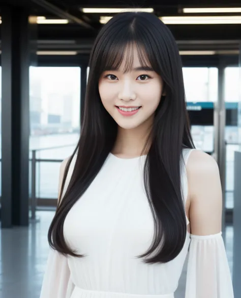 ((best quality, 8K, masterpiece: 1.3)), beautiful girl, pure, melon face, kind and cute, sweet smile, pure desire, slender body, (front), (tilted head), ((looking at camera) ), wearing a white dress, long black silky hair, long flowing shoulders, round bla...