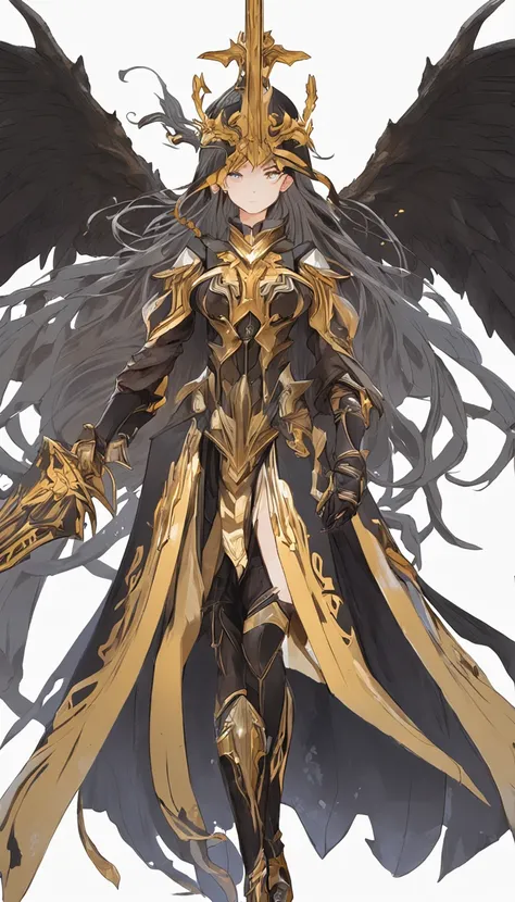 Anime figure，Dark villain，Beauty side face，Long hair flying，（golden headdress），Two teenage girls back to back，（Simple helmet）Spark ashes burn，The samurai held a sword, Wear contrasting armor, The whole picture of the witch and the witch skeleton,（standing ...