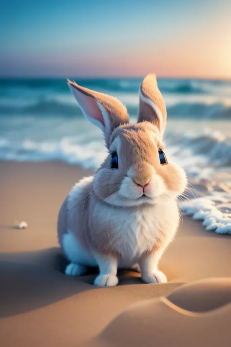 Close-up photo of a little rabbit lying on the beach，clean backdrop，depth of fields，largeaperture，photography of，volume fog，Halo，blooms，Dramatic atmosphere