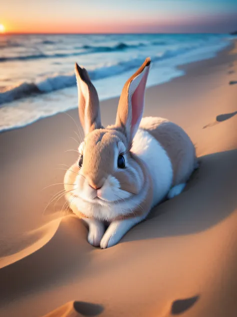 Close-up photo of a little rabbit lying on the beach，Aerial overhead shot，clean backdrop，in the early morning，depth of fields，largeaperture，photography of，volume fog，Halo，blooms，Dramatic atmosphere