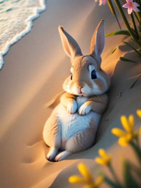 Close-up photo of a little rabbit lying on the beach，Aerial overhead shot，clean backdrop，in the early morning，depth of fields，largeaperture，photography of，volume fog，Halo，blooms，Dramatic atmosphere