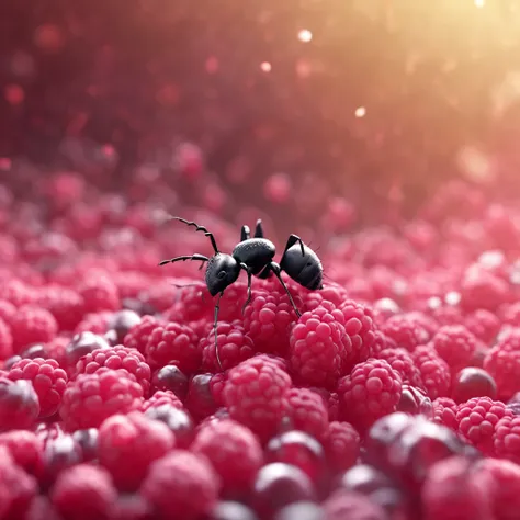 A black ant lies on a pile of raspberries，Dreamy light，High-angle lens shooting，photorealistic cinematic render, Cinematic 3D rendering, realistic cgi render, Depicted as a 3D rendering