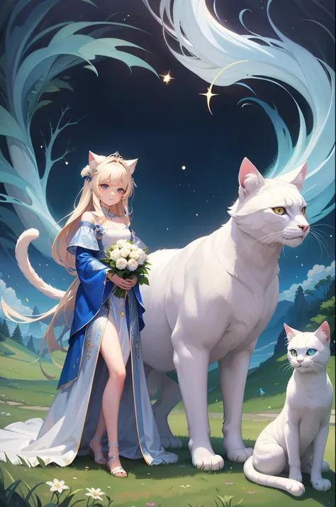 A big white cat stands behind the figure，A blue eye、The white-skinned goddess wears a white princess dress，Hands naturally rest in front of the hem，Next to the goddess stood a large cat of adult height，storybook illustrations，The top of the head of the cha...