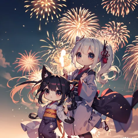 Chibi:1.8,girls,Kimono,Girl in Yukata,Blowing in the wind,Summer Festivals,natta,food stand,Spirit Stream,Big  Fireworks:1.7,Fireworks in the night sky:1.8,poney Tail,action:1.6,dynamic pose,dynamic angle,ground-level shot,low angle,full body shot,long sho...