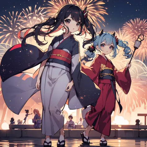 Chibi:1.8,girls,Kimono,Girl in Yukata,Blowing in the wind,Summer Festivals,natta,food stand,Spirit Stream,Big  Fireworks:1.7,Fireworks in the night sky:1.8,poney Tail,action:1.6,dynamic pose,dynamic angle,ground-level shot,low angle,full body shot,long sho...