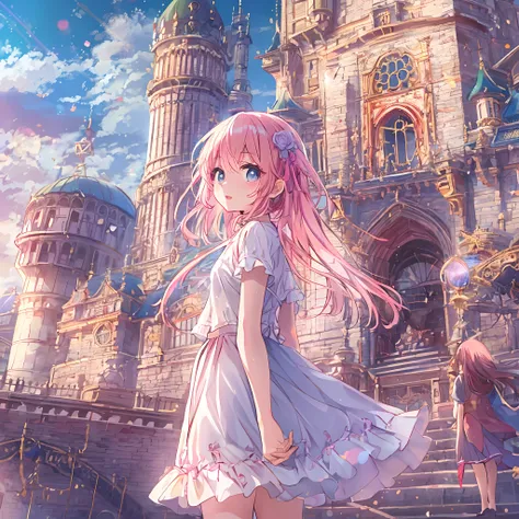 absurderes, hight resolution, (Anime style:1.1), ((masutepiece)), ((Best Quality)), (Ultra-detailed), (Beautiful), 独奏, Beautiful face、(liftup),12year old、In front of a super large and delicate castle、Girl in a cute dress、Pink colorful hair, Colorful eyes,L...