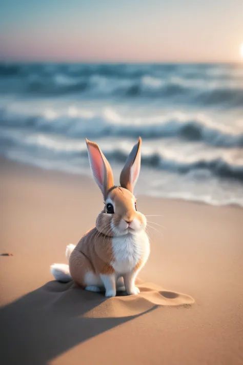 Close-up photo of a little rabbit lying on the beach，clean backdrop，depth of fields，largeaperture，photography of，volume fog，Halo，blooms，Dramatic atmosphere