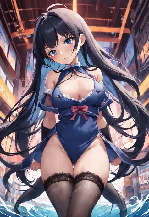 (Tentacle), schoolgirls, Long hair, Black hair, hair adornments, sweeping bangs, pony tails, Beautiful detailed eyes, move, saliva, Blue eyes, Semi-closed Eyes, breasts out, moles on breast, a skirt, No bra, fishnet thighhighs, shoes , Undressing, torture,