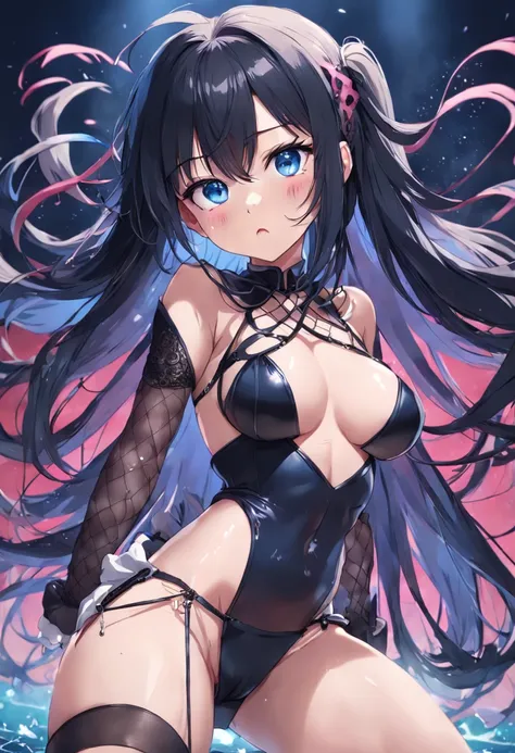 (Tentacle), schoolgirls, Long hair, Black hair, hair adornments, sweeping bangs, pony tails, Beautiful detailed eyes, move, saliva, Blue eyes, Semi-closed Eyes, breasts out, moles on breast, a skirt, No bra, fishnet thighhighs, shoes , Undressing, torture,