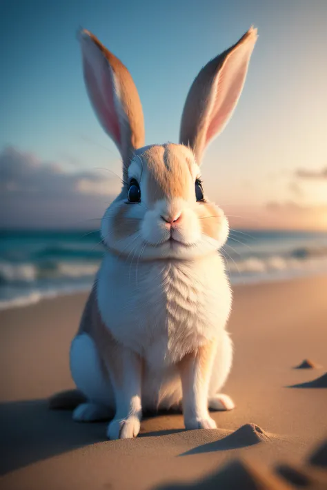 Close-up photo of a little rabbit lying on the beach，Macro，clean backdrop，depth of fields，largeaperture，photography of，volume fog，Halo，blooms，Dramatic atmosphere