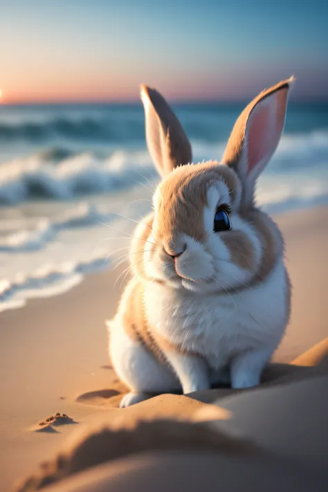 Close-up photo of a little rabbit lying on the beach，Macro，clean backdrop，depth of fields，largeaperture，photography of，volume fog，Halo，blooms，Dramatic atmosphere