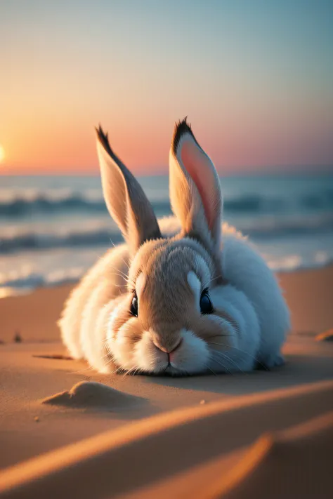 Close-up photo of a little rabbit lying on the beach，Macro，clean backdrop，depth of fields，largeaperture，photography of，volume fog，Halo，blooms，Dramatic atmosphere