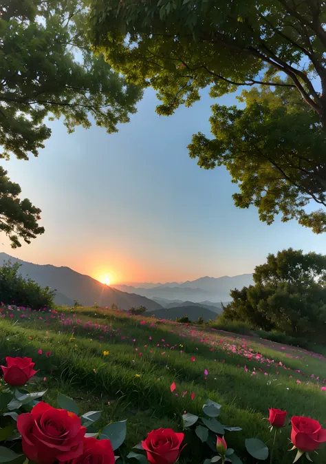 look from down, Above is the sky, morningglow, thin fog, In the distance are mountains, Below is the hillside, A red rose, Porcelain petals, There are crystal clear water droplets on the petals, （There are water droplets on the petals）, Green flowers and l...