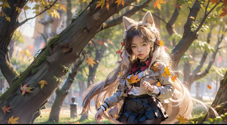 1 girl，Stand in the primeval forest in autumn，maple trees，Red maple leaf，Black tights，short  skirt，long sleeves shirt，full bodyesbian，falling leaf，grassy fields，nature reserve，Red Maple，Manteau