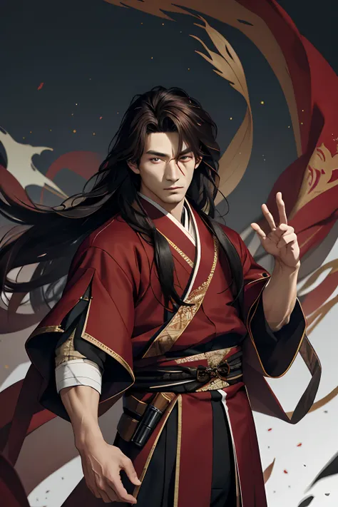 tmasterpiece， Best quality at best， high high quality， 1boys，Sportsman，Tough guy，Ming subdued Han uniform，traditionalcostumes，long whitr hair，hair tubes，Dark red robe，There is texture，独奏，malefocus，long whitr hair， 独奏，with a determined look in his eyes，Deep...