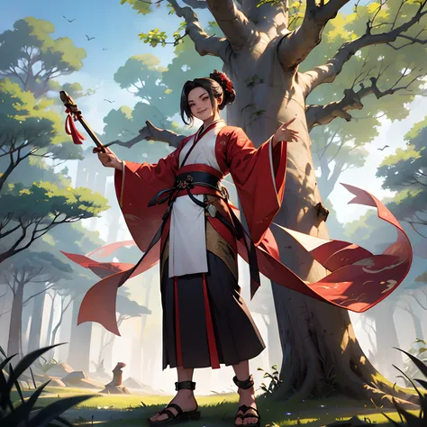 Uma mulher, (feminina), usa Hanfu vermelho, bonita, um sorriso malicioso, cabelo branco longo, seios grandes, voluptuosos, Hanfu, antigo, fundo da corte, standing on her feet, corpo inteiro, showing off with a whip in his hands from under a large tree