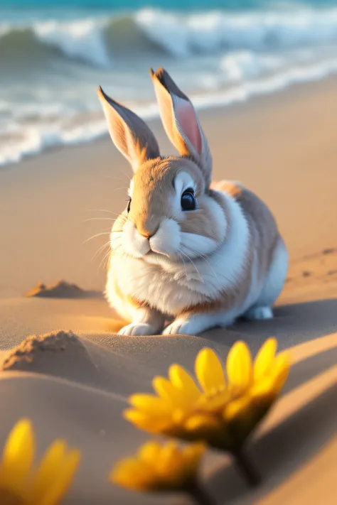 Close-up photo of a little rabbit lying on the beach，Macro，clean backdrop，depth of fields，largeaperture，photography of，volume fog，Halo，blooms，Dramatic atmosphere，Sunny morning