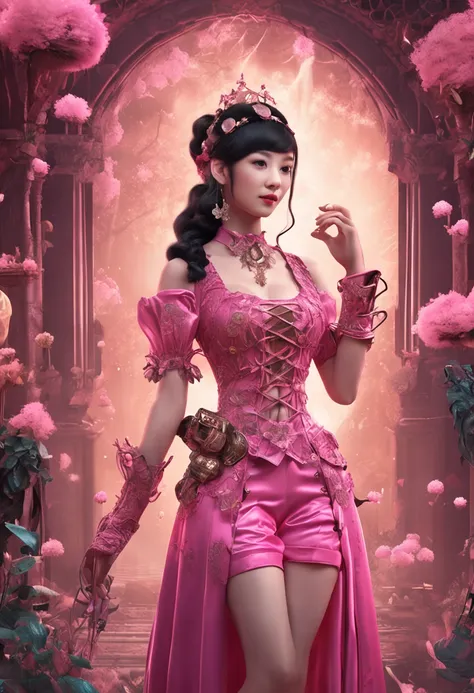 Amazing full body portrait of magical fantasy：Hong Kong star Lai Chi，Qiu Shuzhen，Leaf frieze，Three steampunk women in pink dresses and lace, The low-cut neckline accentuates femininity, Small ears, Brown hair, Ultra-clear face，Smiling happy, Dynamic pose, ...