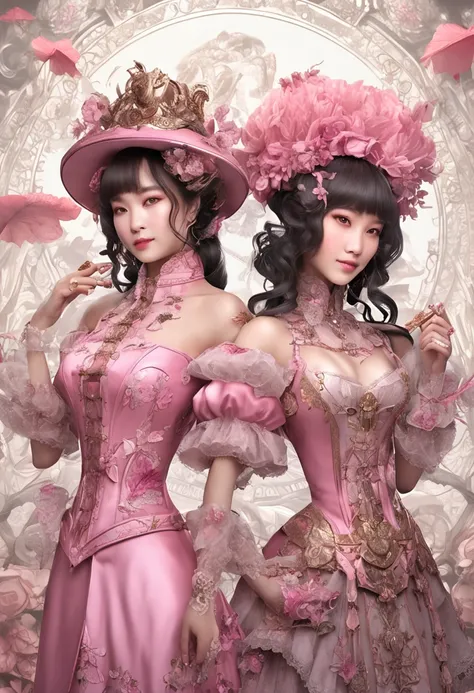 Amazing full body portrait of magical fantasy：Hong Kong star Lai Chi，Qiu Shuzhen，Leaf frieze，Three steampunk women in pink dresses and lace, The low-cut neckline accentuates femininity, Small ears, Brown hair, Ultra-clear face，Smiling happy, Dynamic pose, ...