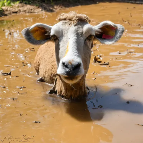 Jantar do primeiro trabalho, Foto premiada, Theres a sheep (cordeiro) trapped in a small mud puddle, ovelha presa,