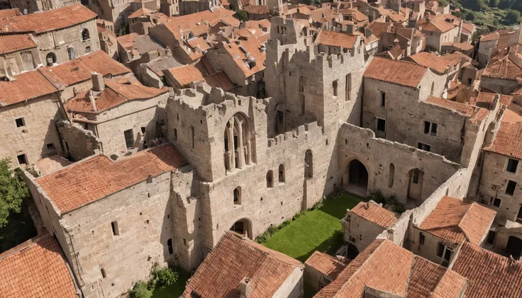 medieval ruins seen from above all in ancient stone narrow streets with quite curves large monumental houses with air Dark old very old detailing maximum perfection and reality