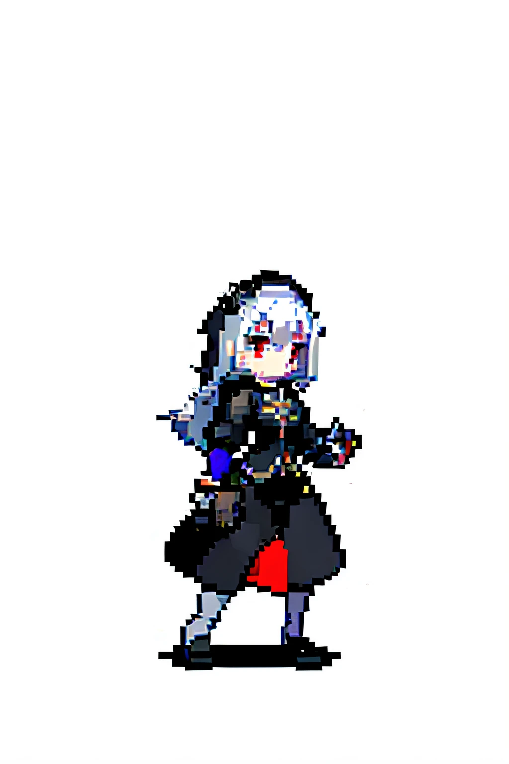 (Masterpiece, Top quality, Best quality)，lewd nun，two-handed guns，pix,Pixel art,1girll,full bodyesbian, Gray hair，Red eyes，long whitr hair，Black nun dress，blacksilk，whitegloves，cross necklace，run