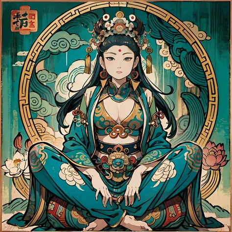 an ancient Chinese goddess, guanyin of the southern seas, Guanyin, Inspired by India, Avalokiteshvara rides a dragon，,Serene expression,shui mo hua,Buddha,Buddhist,Lotus,Chinese painting style,Thangka style