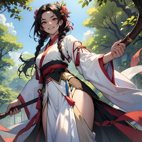 Uma mulher, (feminina), usa Hanfu vermelho, bonita, um sorriso malicioso, cabelo branco longo, seios grandes, voluptuosos, Hanfu, antigo, fundo da corte, standing on her feet, corpo inteiro, showing off with a whip in his hands from under a large tree