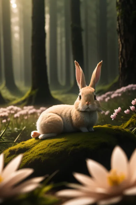 Close-up photo of a small rabbit lying in the forest，Macro，clean backdrop，depth of fields，largeaperture，photography of，volume fog，Halo，blooms，Dramatic atmosphere