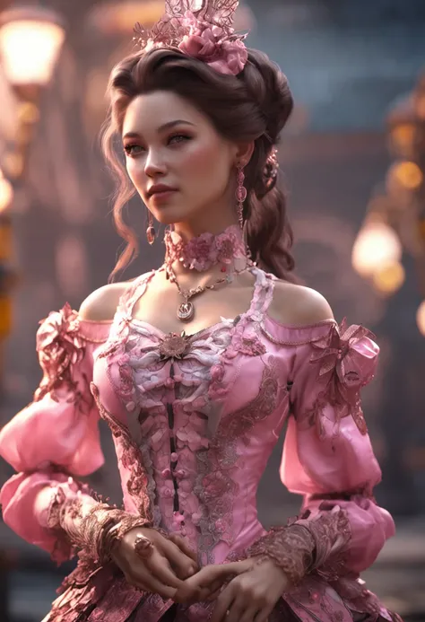 Amazing full body portrait of magical fantasy：Qiu Shuzhen，Three steampunk women in pink dresses and lace, The low-cut neckline accentuates femininity, Small ears, Brown hair, Ultra-clear face，Smiling happy, Dynamic pose, DnD, fantasy, Extreme detail, 4K, U...