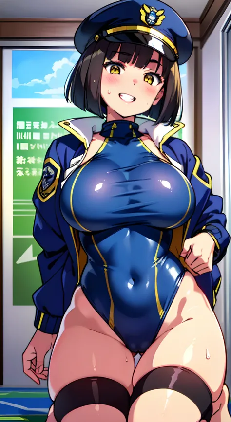 (Perfect body),Best Quality,(8K Portrait),(anime screen cap)、((Police Woman)),blush,Sweat,((large udder))、(Dark hair),((bob cuts))、Yellow eyes,(thick thighs),(((Navy Blue High Leg Swimsuit)))、adult  woman、((A smile))、Cowboy Shot、((saluting))、((((Left hand ...