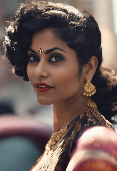 panoramic long shot of a beautiful south asian girl, dynamic pose, old classic , wavy black hair, 50s pin up style, intricate, detailed, DSLR camera , 8K UHD, deep blacks, post processing, nubian nose, protruding teeth, prominent mamary glands